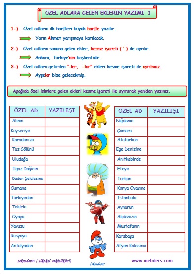 1. Sınıf Türkçe Özel Adlara Gelen Eklerin Yazımı 1