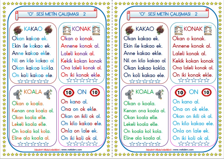 1. Sınıf O-o Sesi Metin Çalışması 2 (2 Sayfa - 4 Farklı Metin)