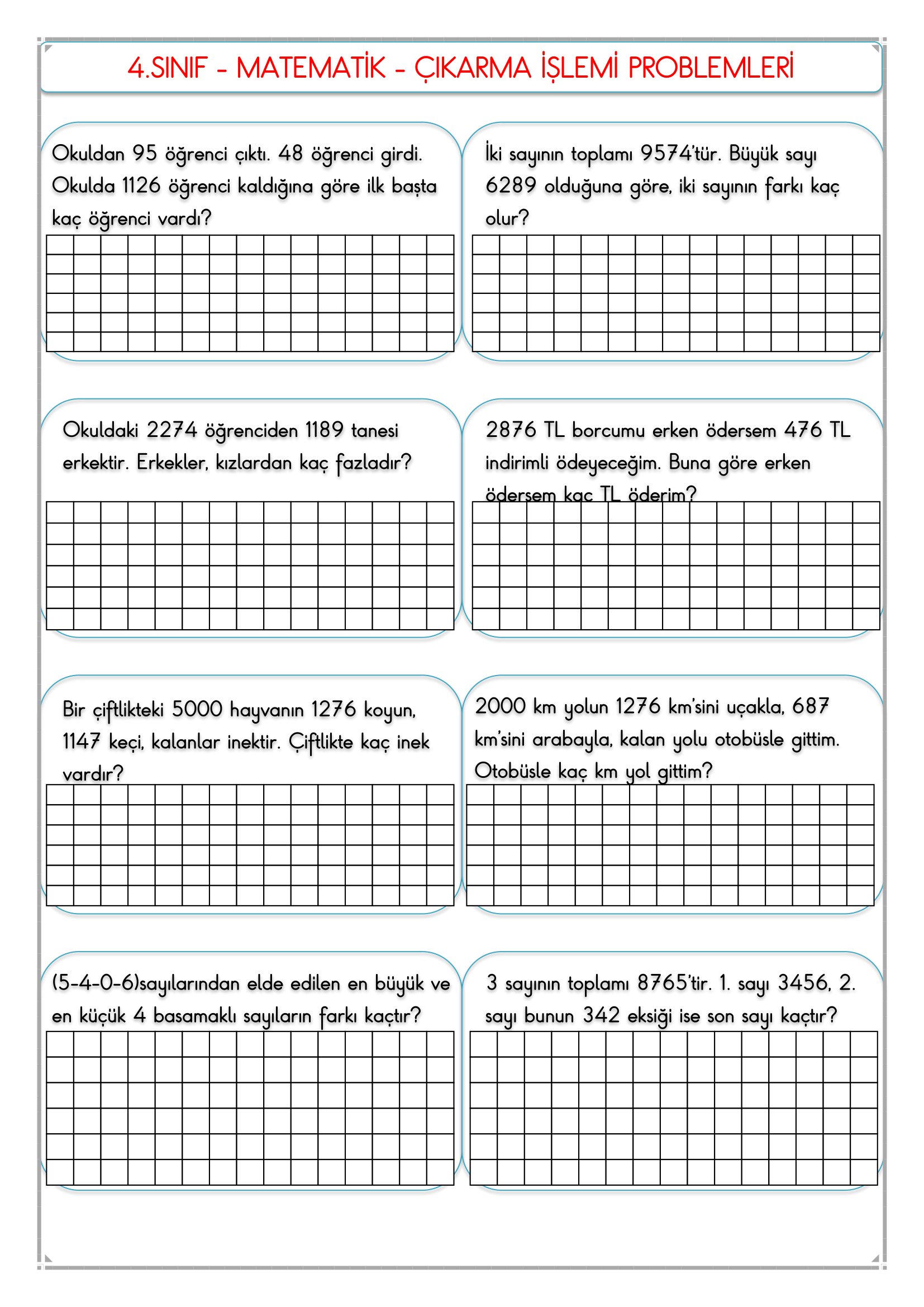 4. Sınıf - Matematik Çıkarma Problemleri-3