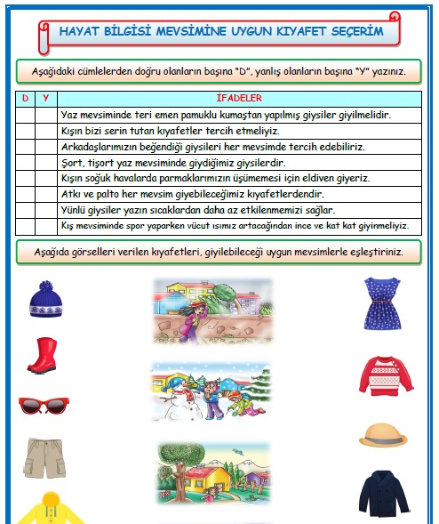 2. Sınıf Hayat Bilgisi Mevsimine Uygun Kıyafet Seçerim Etkinlik Çalışması