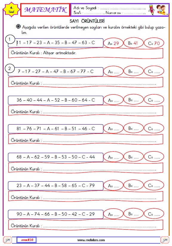 4. Sınıf Matematik Sayı Örüntüleri Etkinliği 1