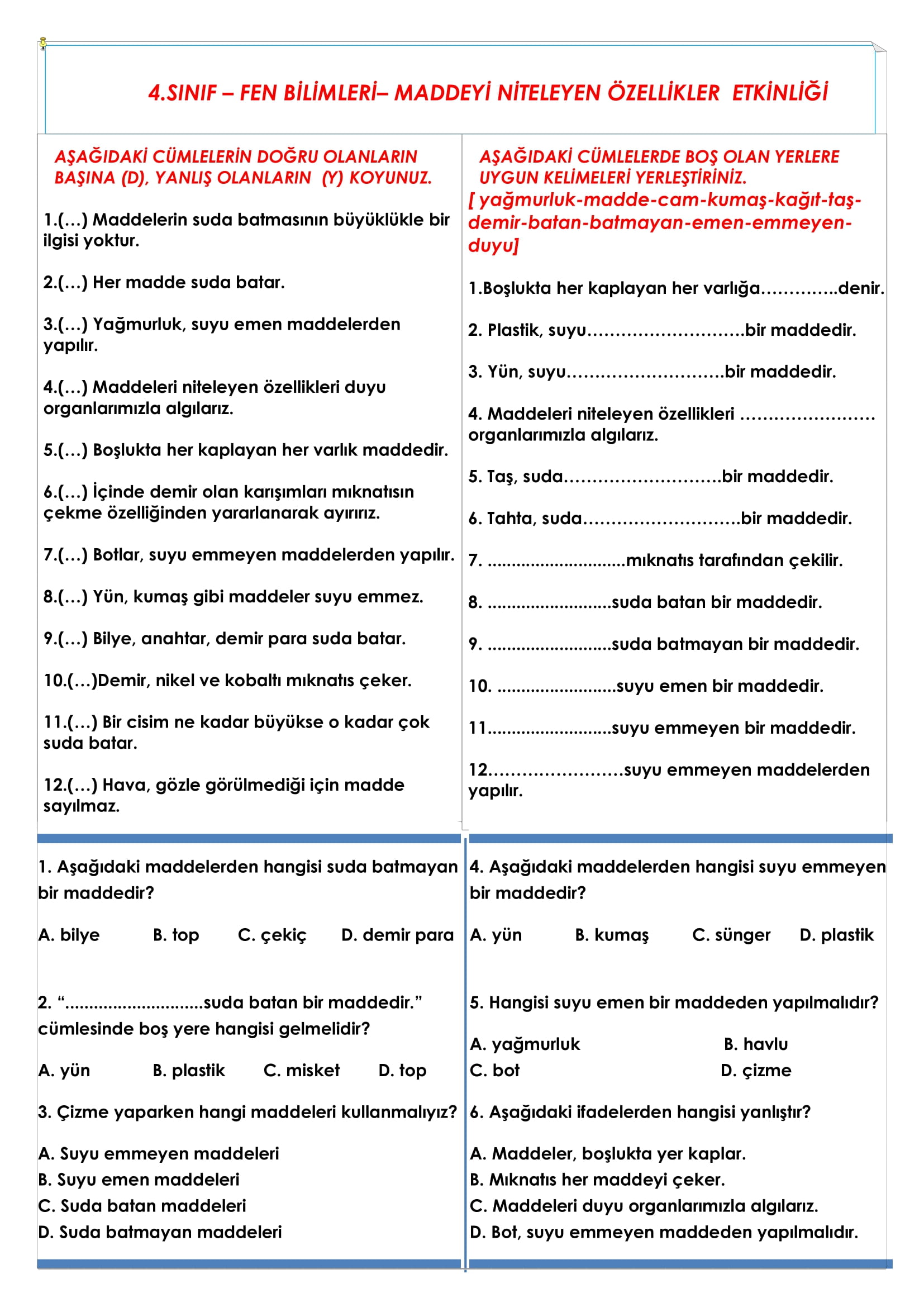 4. Sınıf Fen Bilimleri Maddeyi Niteleyen Özellikler Etkinliği