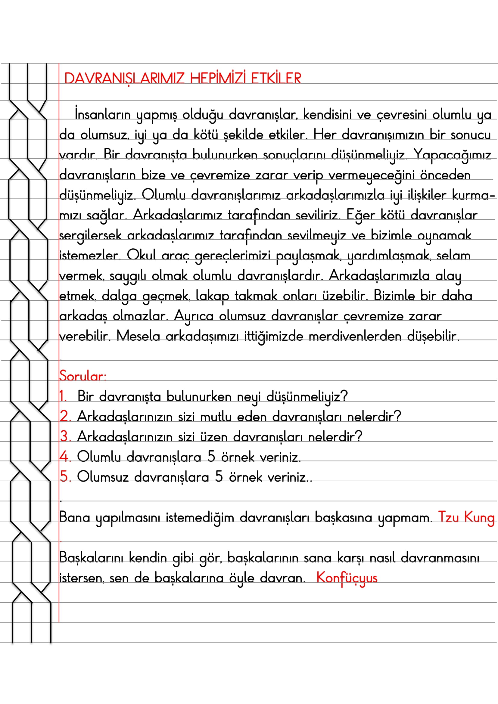 3. Sınıf - Hayat Bilgisi Davranışlarımız Hepimizi Etkiler Defter Özeti