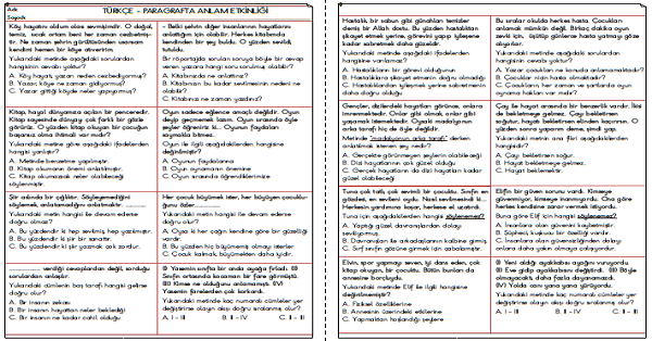 3. Sınıf Türkçe - Paragrafta Anlam Testi 1
