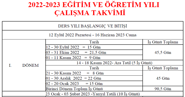 2022-2023 Eğitim ve Öğretim Yılı Çalışma Takvimi