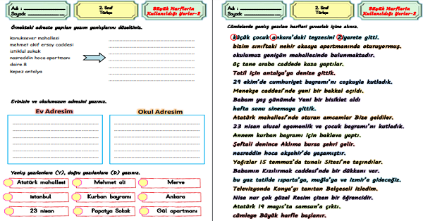2. Sınıf Türkçe Büyük Harflerin Kullanıldığı Yerler Etkinliği-2