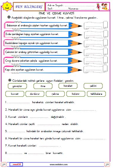 3. Sınıf Fen Bilimleri İtme ve Çekme Kuvveti Etkinliği