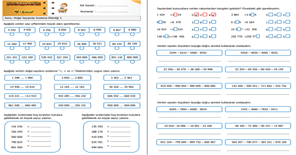 4. Sınıf Matematik Doğal Sayılarda Sıralama Etkinliği 3