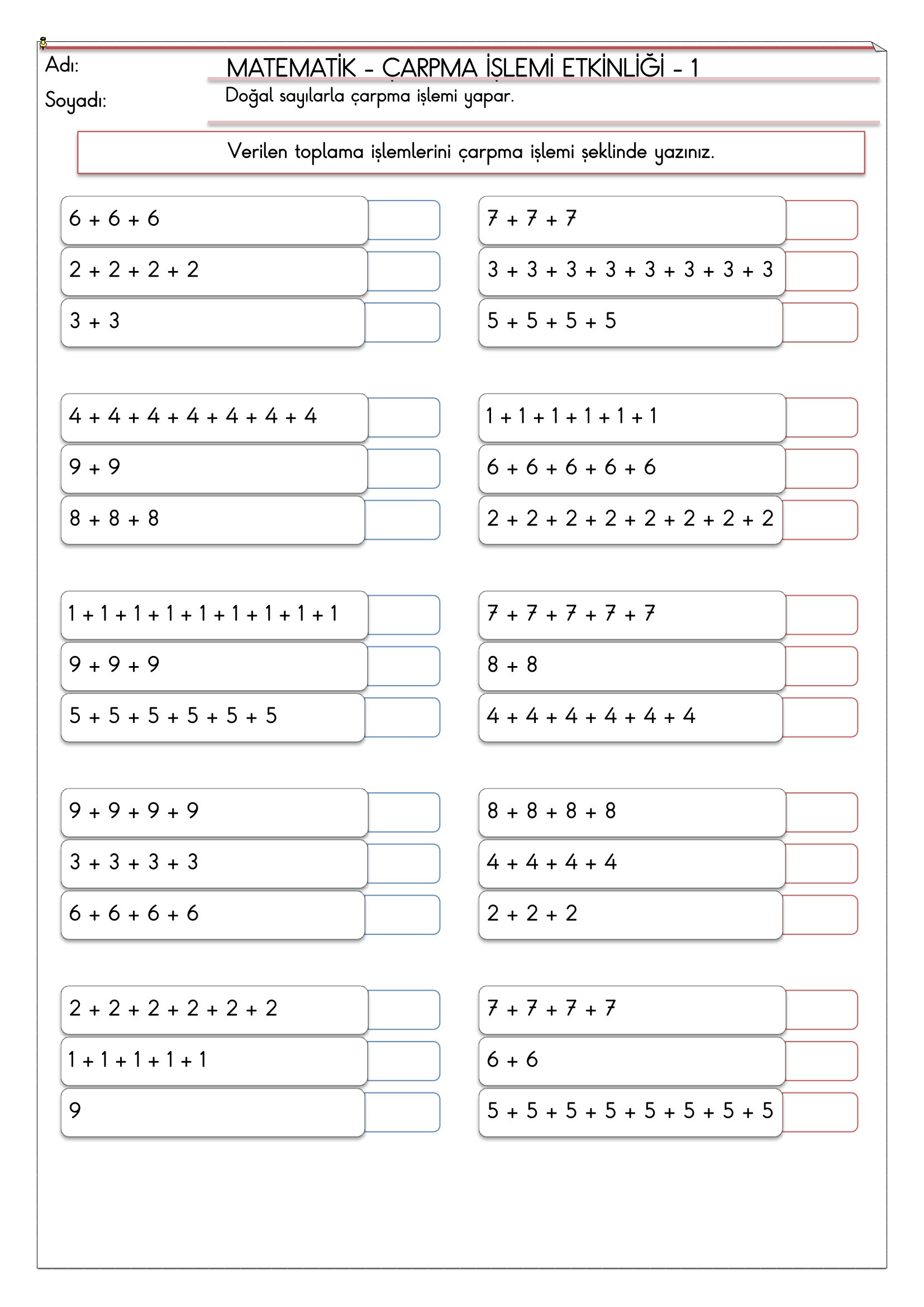 2. Sınıf - Matematik Çarpma İşlemi Etkinliği