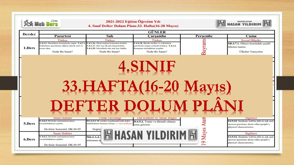 4. Sınıf 33.Hafta(16-20 Mayıs) Defter Dolum Planı