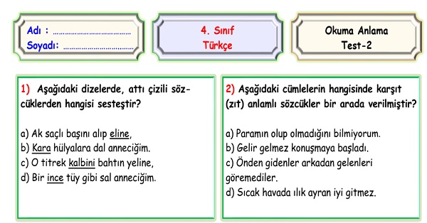 4. Sınıf Türkçe Okuma Anlama Sene Sonu Değerlendirme Testi 2