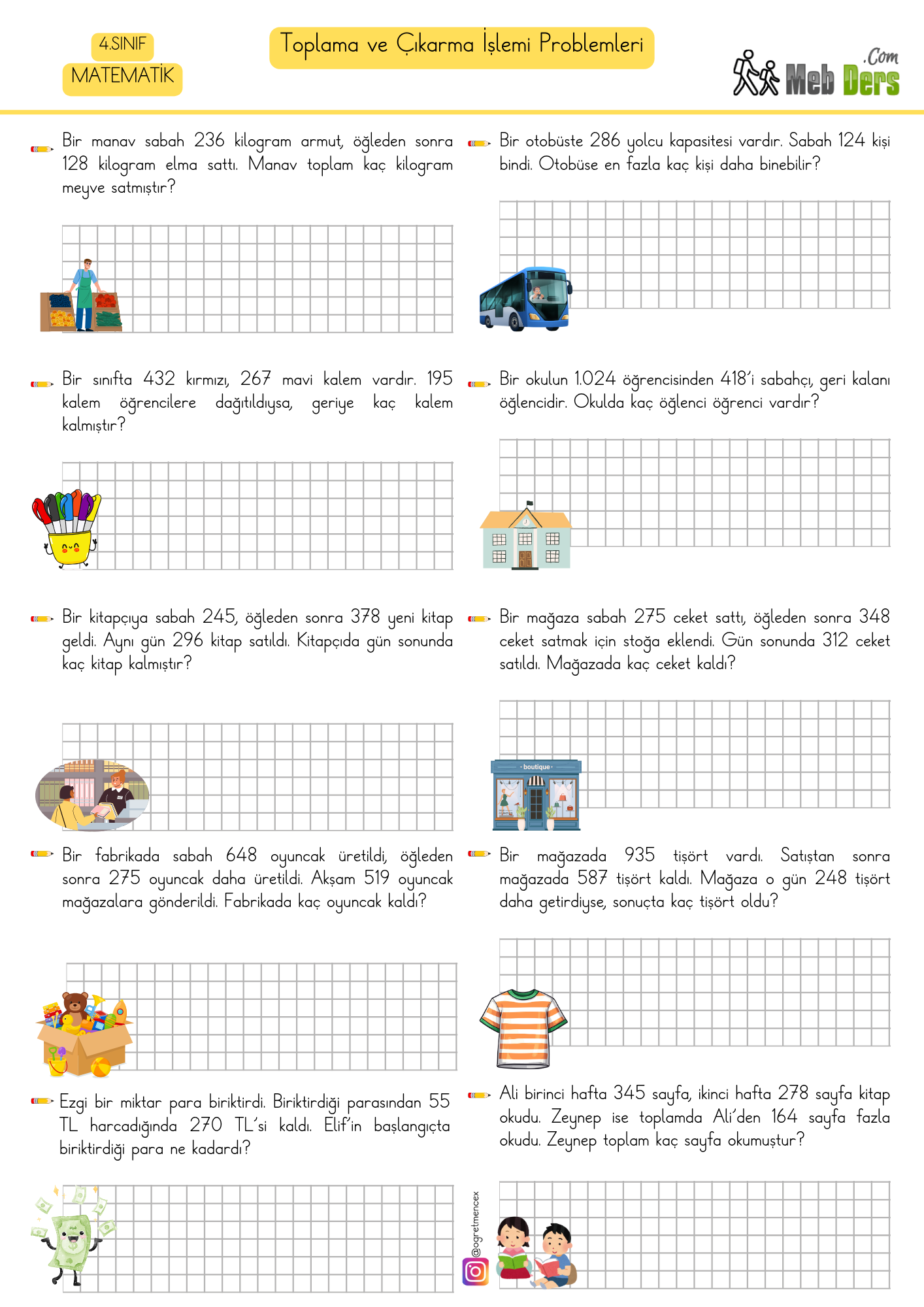 4. Sınıf Matematik Toplama ve Çıkarma Problemleri