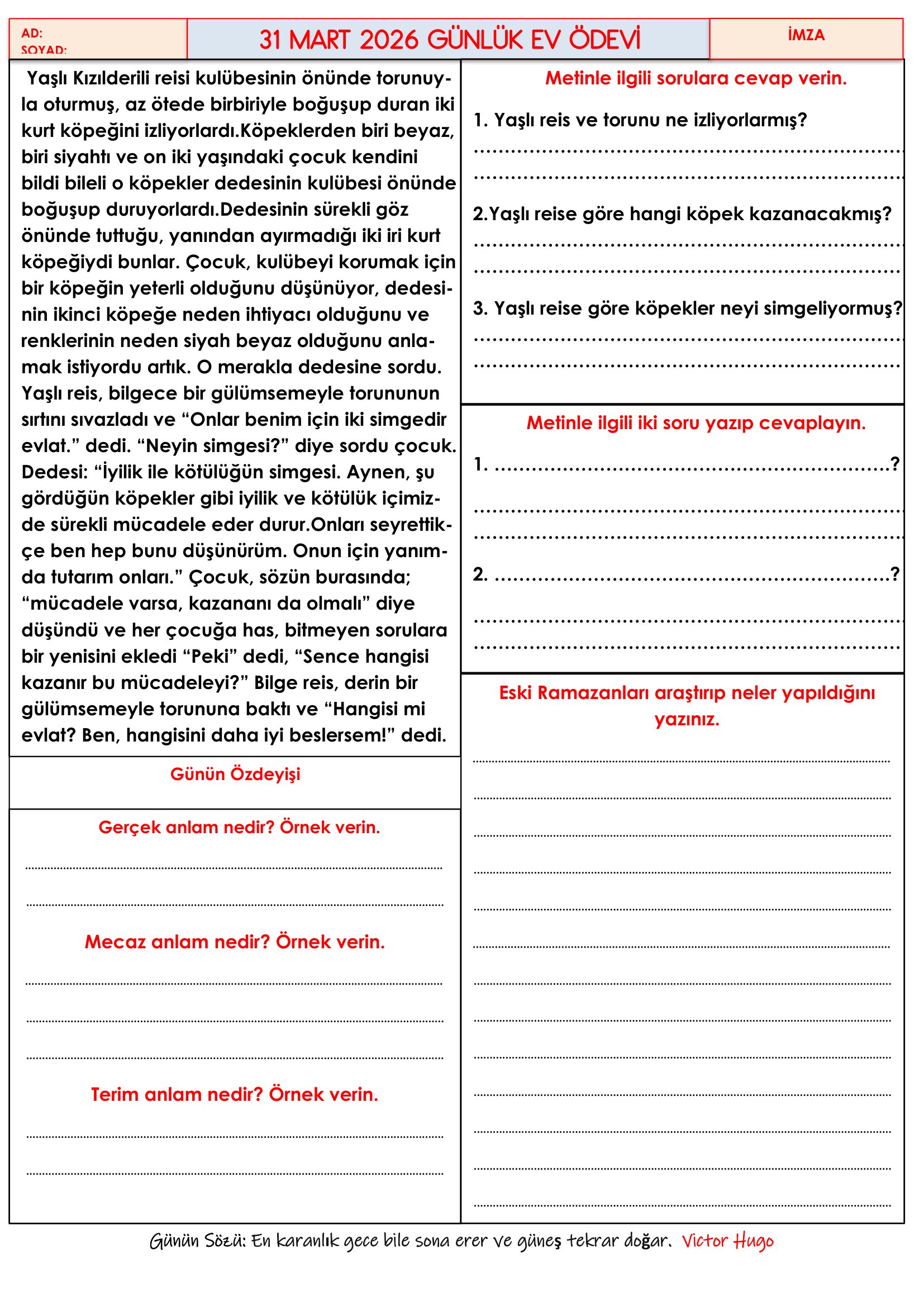4. Sınıf - 31 Mart 2026 Günlük Ev Ödevleri
