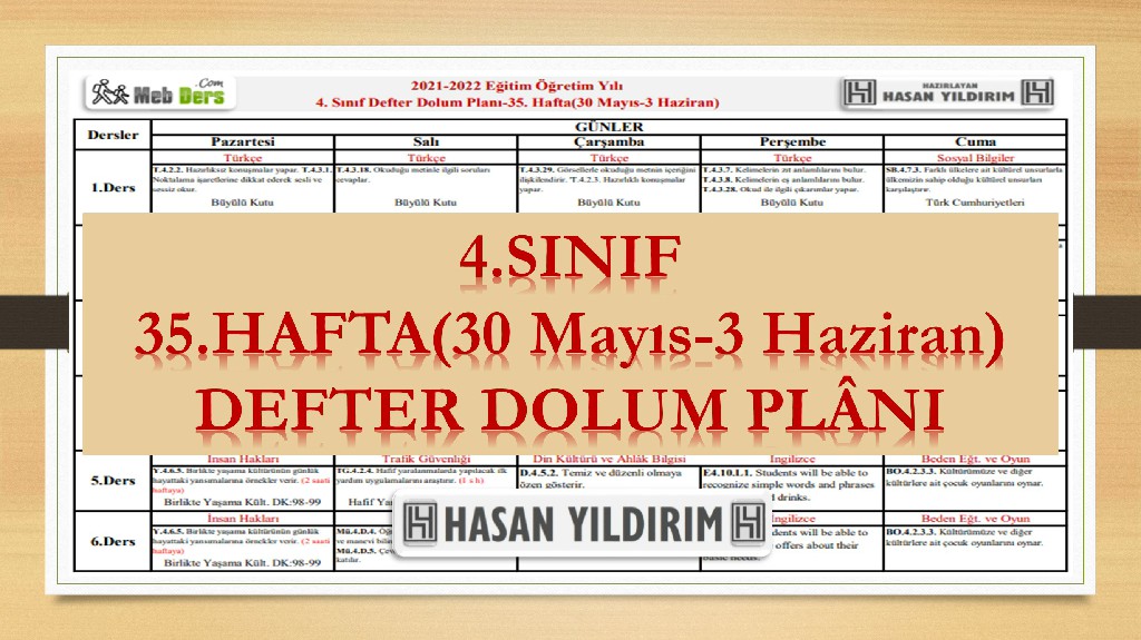 4. Sınıf 35.Hafta(30 Mayıs-3 Haziran) Defter Dolum Planı