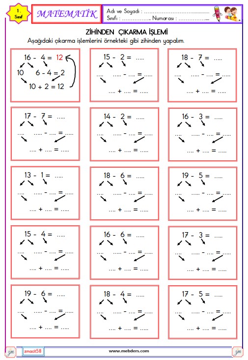 1. Sınıf Matematik Zihinden Çıkarma İşlemi Etkinliği 13