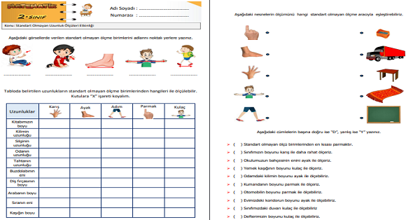 2. Sınıf Matematik Standart Olmayan Uzunluk Ölçüleri Etkinliği 1