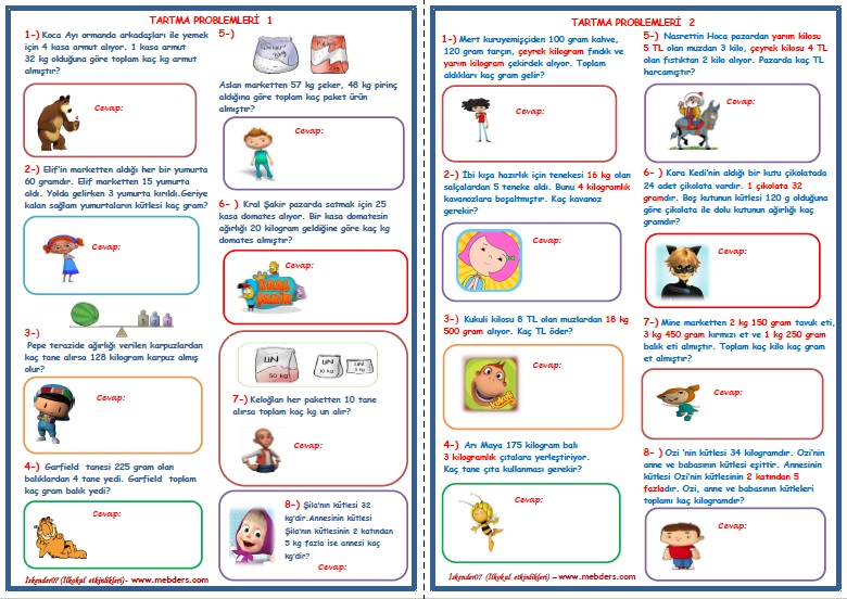 3. Sınıf Matematik Tartma İşlemi Problemleri 1-2 (2 Sayfa)