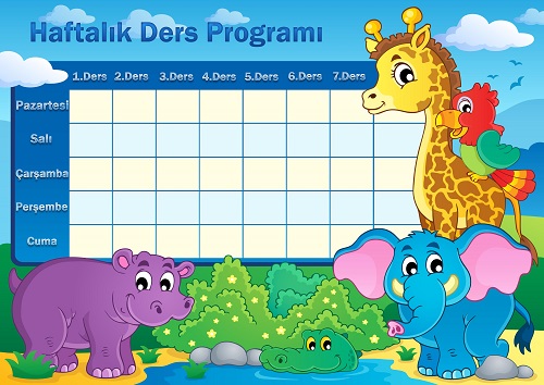 Sevimli hayvanlarla süslenmiş haftalık ders programı şablonu