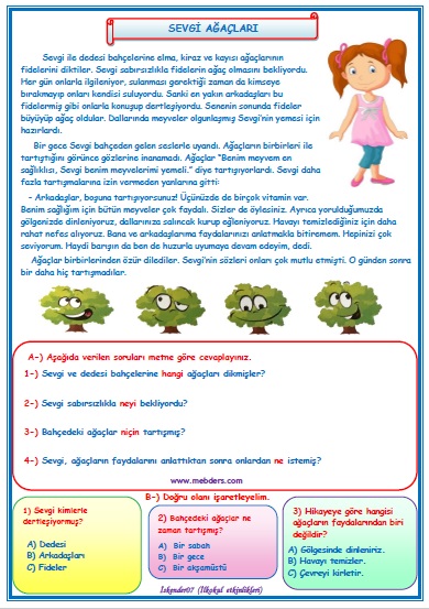 2. Sınıf Türkçe Sevgi Ağaçları Okuma Anlama Metin Çalışması 34