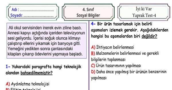 4. Sınıf Sosyal Bilgiler İyi ki Var Ünitesi Yaprak Test 4