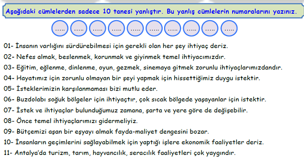 4. Sınıf Sosyal Bilgiler Üretim, Dağıtım ve Tüketim Ünitesi Doğru-Yanlış Etkinliği