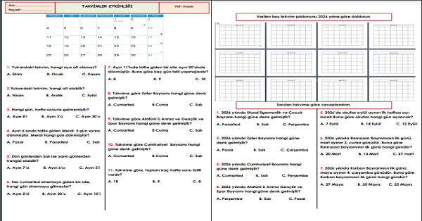 2. Sınıf Matematik Takvim Etkinliği 1
