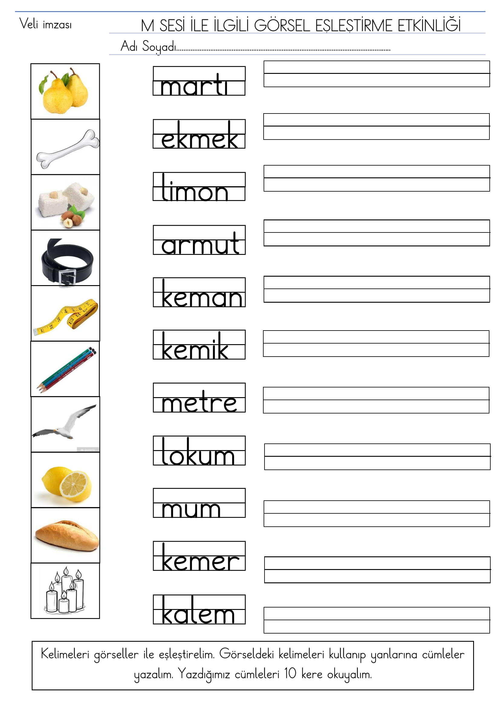 1. Sınıf İlk Okuma Yazma M sesi Görsel Eşleştirme Etkinliği