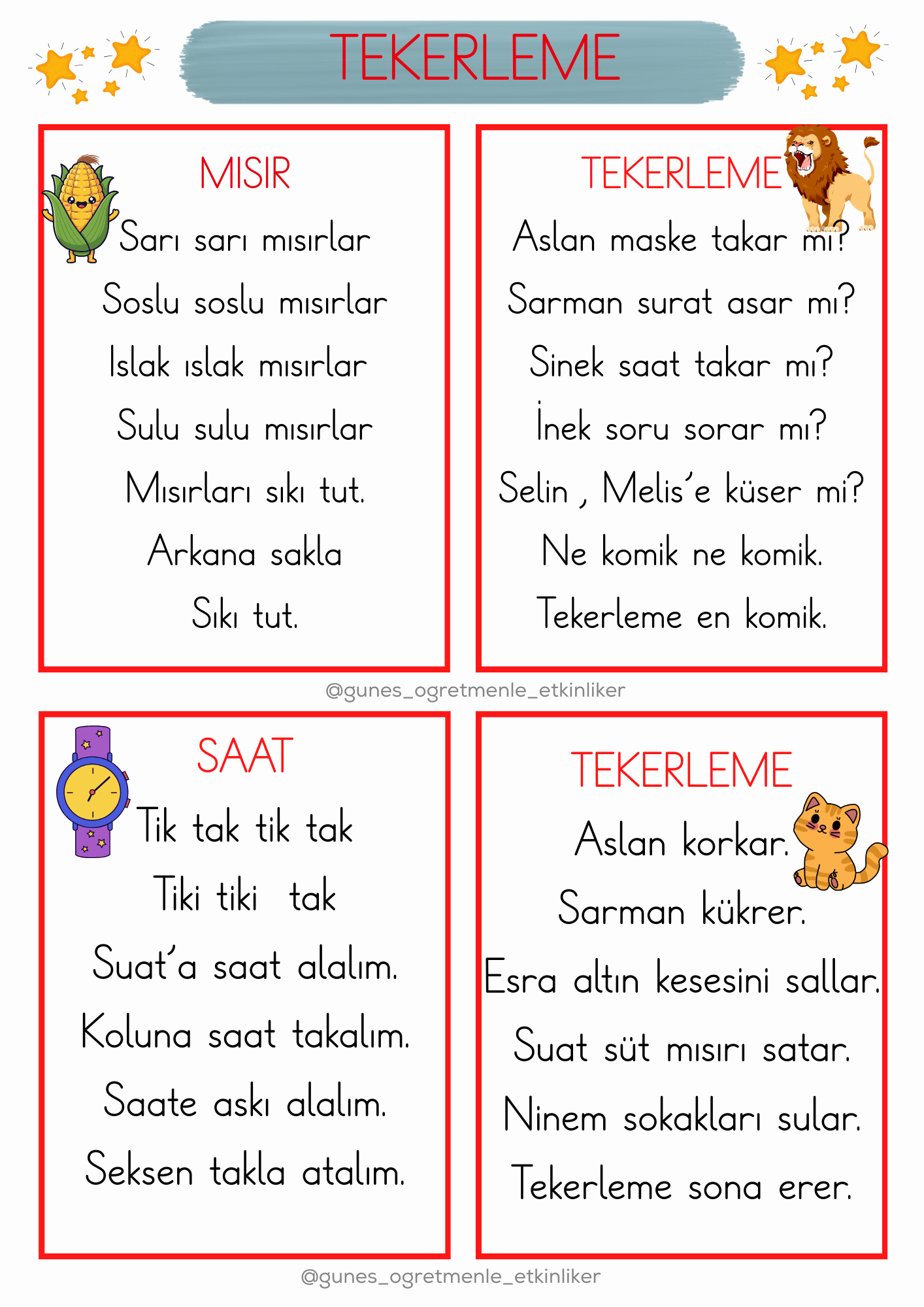 1. Sınıf S - s SESİ Tekerleme ve Metinleri