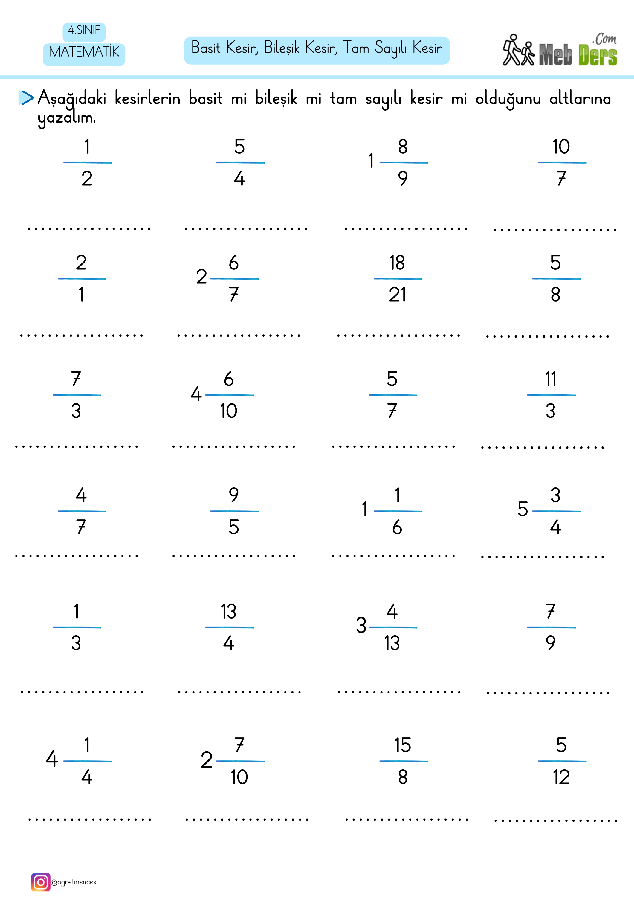 4. Sınıf Matematik Basit Kesir, Bileşik Kesir, Tam Sayılı Kesir Çalışma Sayfası