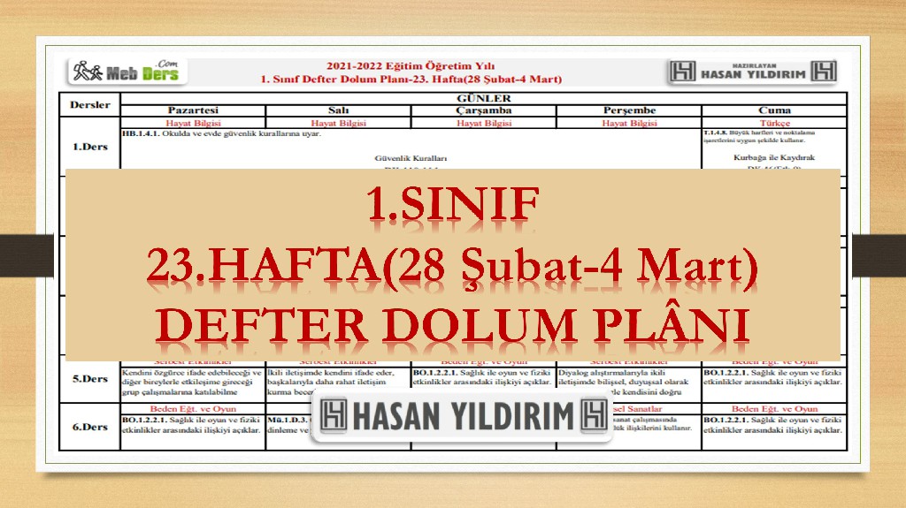 1. Sınıf 23.Hafta(28 Şubat-4 Mart) Defter Dolum Planı