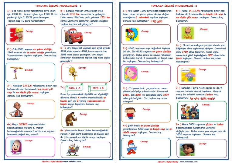 4. Sınıf Matematik Toplama İşlemi Problemleri (3 Sayfa- 24 Soru)