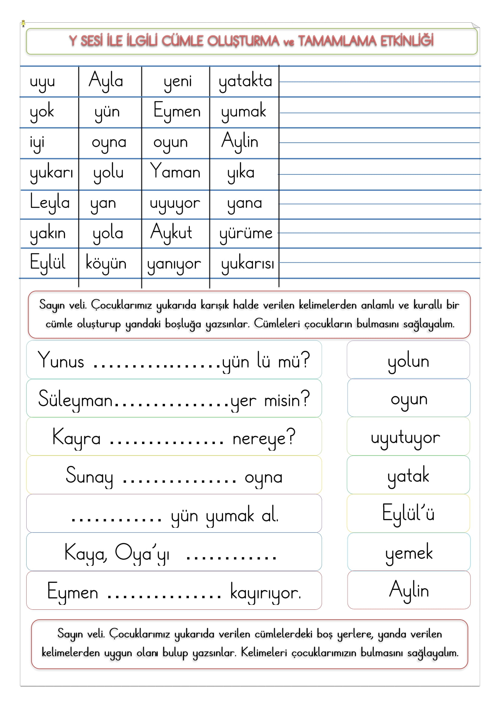 1. Sınıf Y Sesi Cümle Oluşturma ve Tamamlama Etkinliği