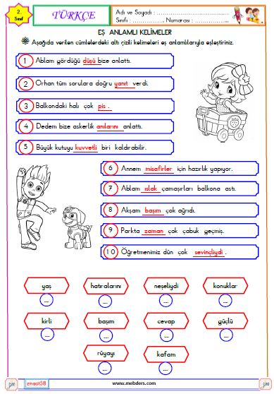 2. Sınıf Türkçe Eş Anlamlı  Kelimeler Etkinliği 1