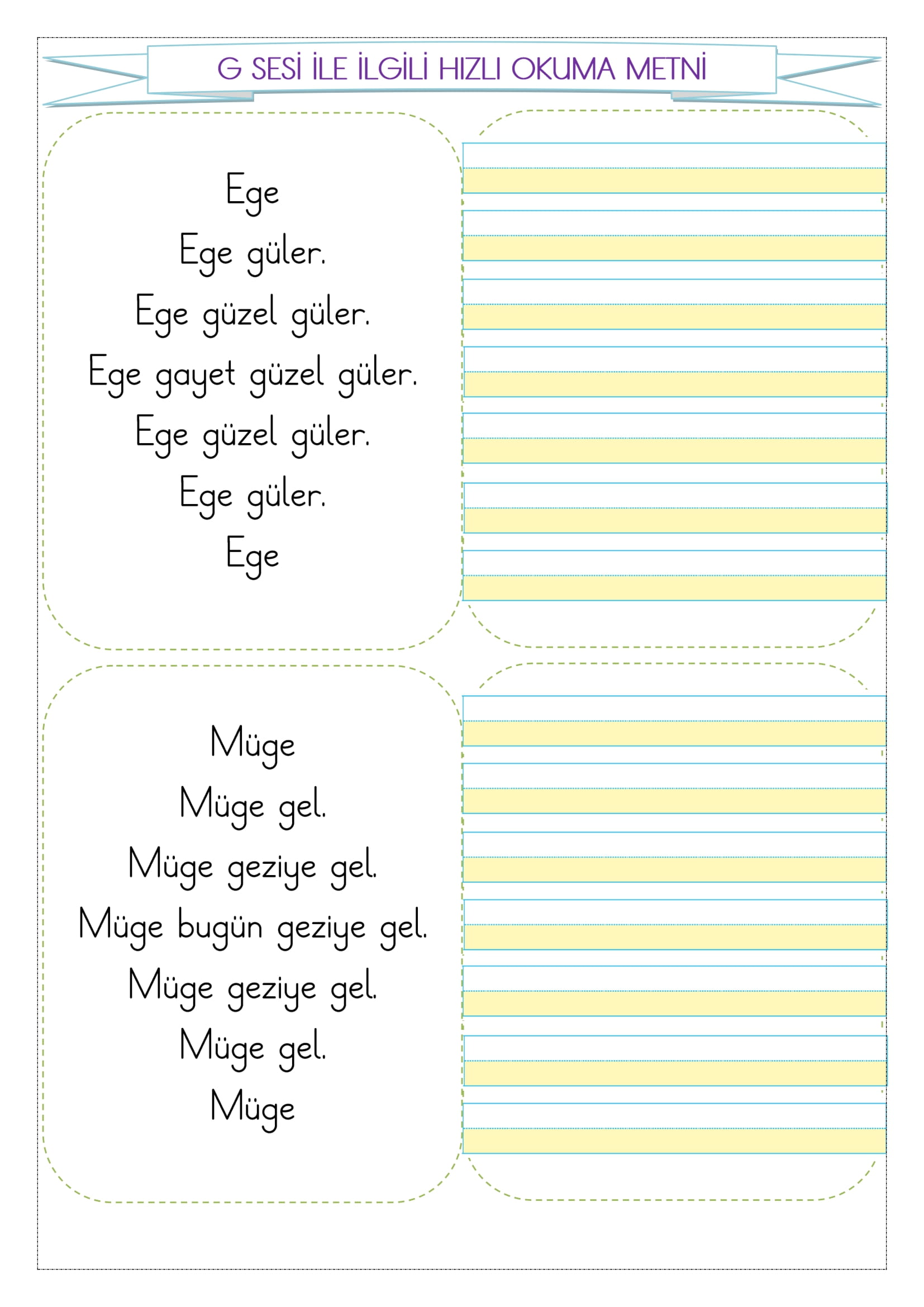 1. Sınıf İlk Okuma Yazma G Sesi Hızlı Okuma Metni