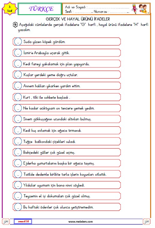 3. Sınıf Türkçe Gerçek ve Hayal Ürünü İfadeler Etkinliği