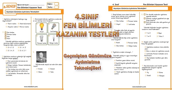 4. Sınıf Fen Bilimleri Kazanım Testi - Geçmişten Günümüze Aydınlatma Teknolojileri