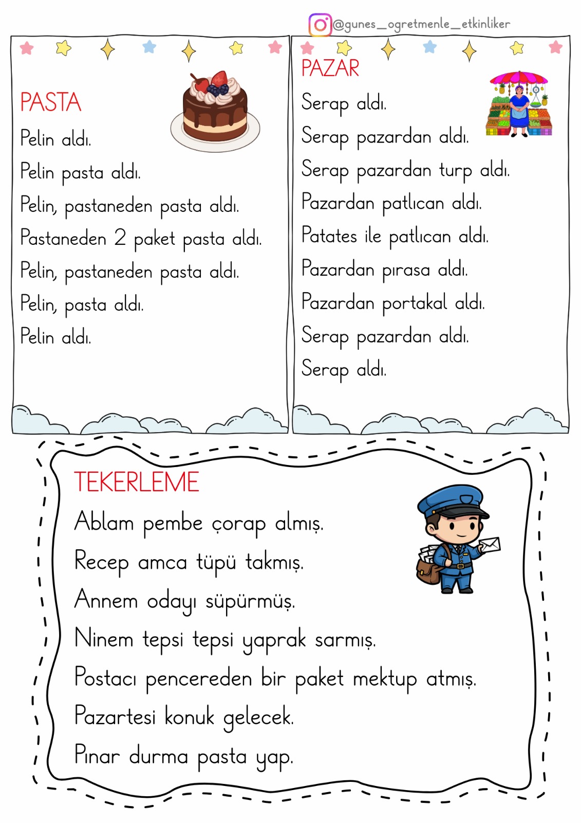 1. Sınıf İlk Okuma Yazma P Sesi Okuma Anlama Metinleri