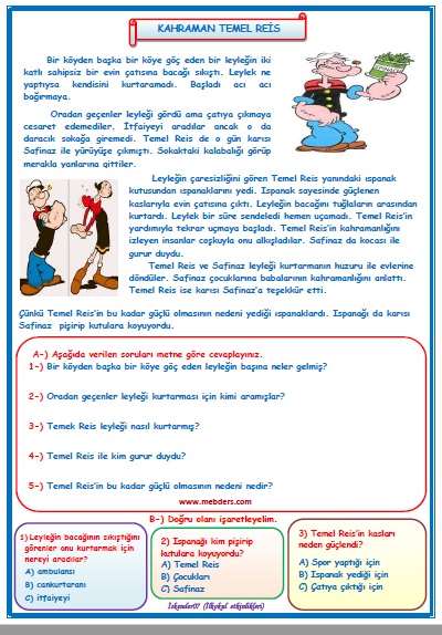 2. Sınıf Türkçe Kahraman Temel Reis Okuma Anlama Metin Çalışması 23