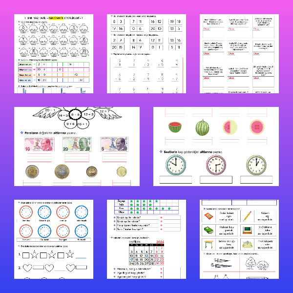 1. Sınıf Matematik Yaz Tatili Etkinlikleri - 1 (9 Sayfa)