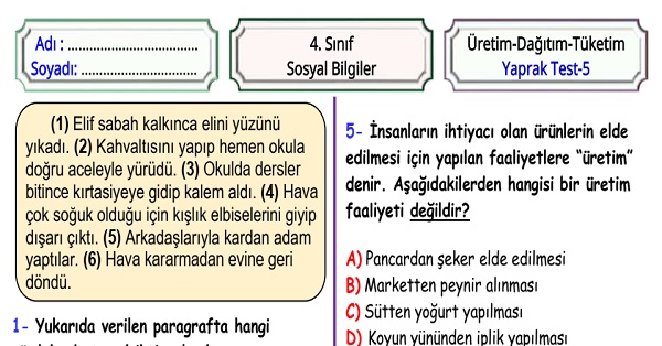 4. Sınıf Sosyal Bilgiler Üretimden Tüketime Yaprak Test 5