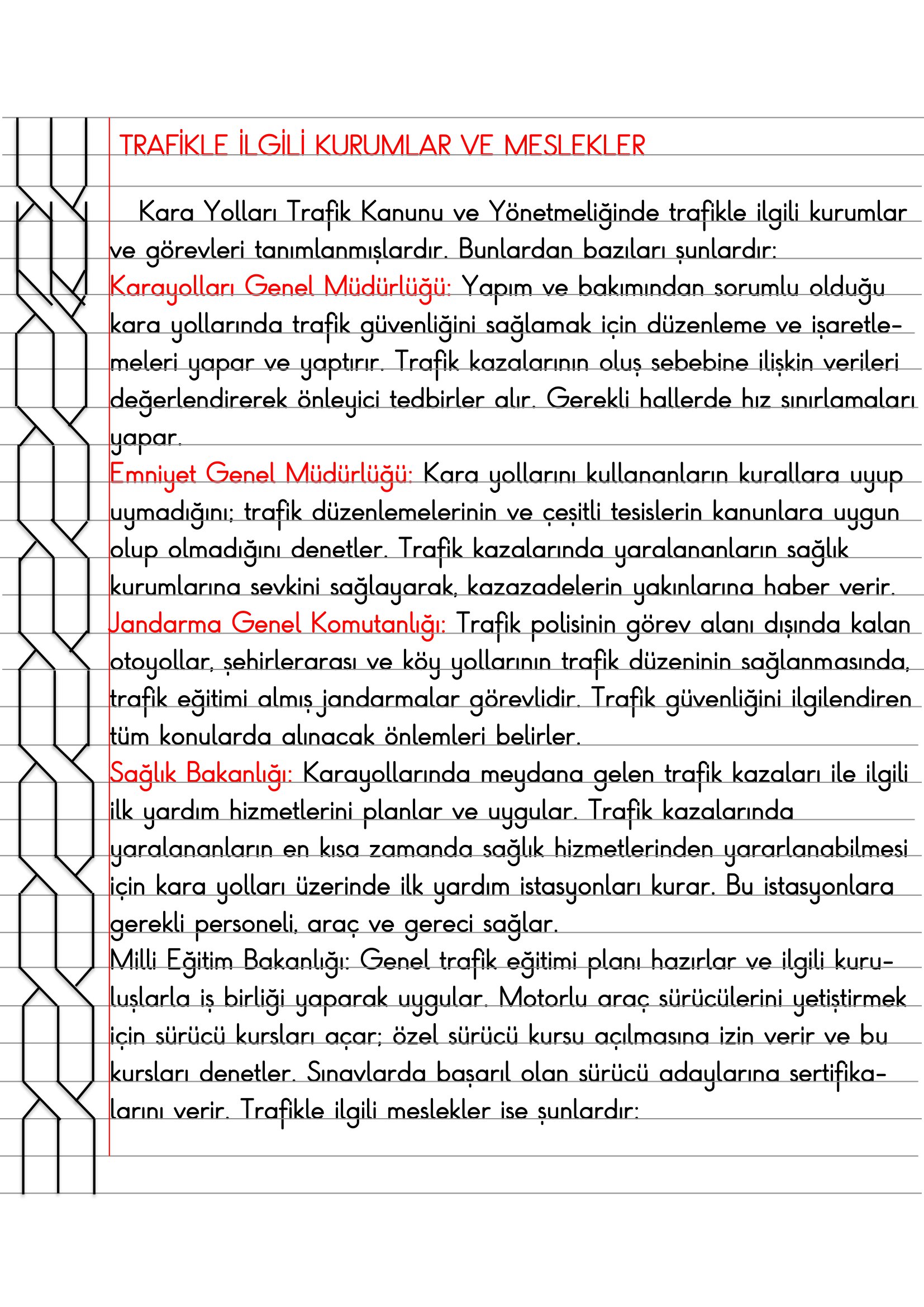 4. Sınıf Trafik Güvenliği Trafikle İlgili Kurum ve Meslekler Defter Özeti