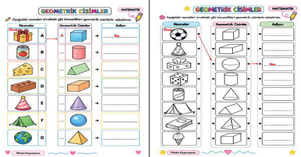 2. Sınıf Matematik Geometrik Cisimler Eşleştir Boya Etkinliği 4 Sayfa