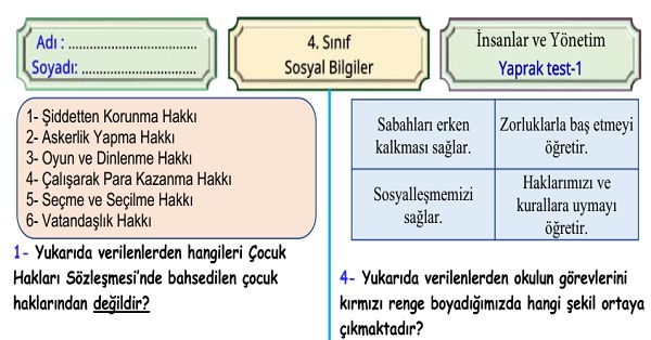 4. Sınıf Sosyal Bilgiler İnsanlar ve Yönetim Ünitesi Yaprak Test 1
