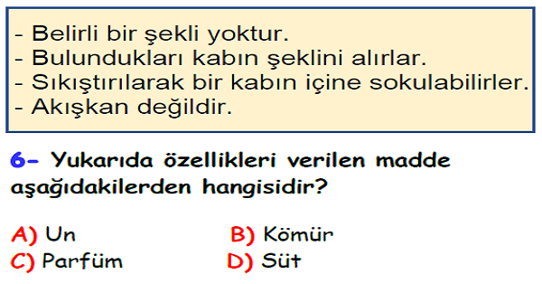 4. Sınıf Fen Bilimleri Maddenin Özellikleri Ünitesi Yaprak Test-1