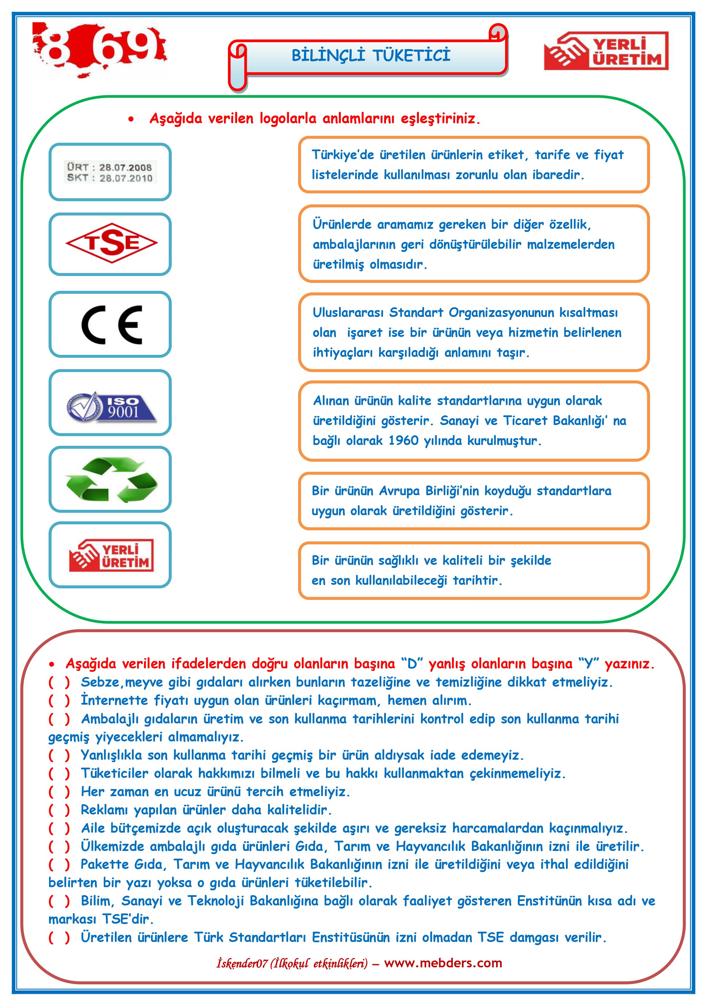 4. Sınıf Sosyal Bilgiler Bilinçli Tüketici Etkinlik Çalışması