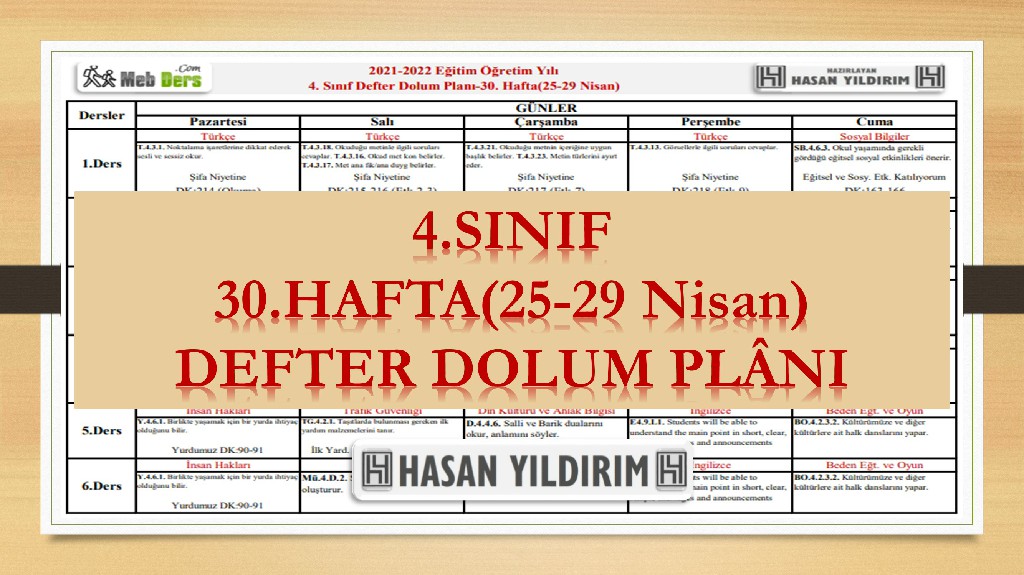 4. Sınıf 30.Hafta(25-29 Nisan) Defter Dolum Planı