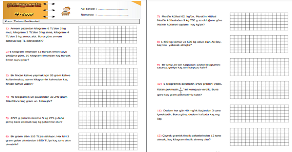 4. Sınıf Matematik Tartma Problemleri Etkinliği 2