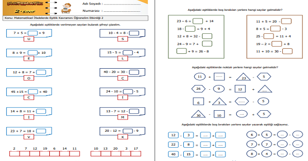 2. Sınıf Matematik Matematiksel İfadelerde Eşitlik Kavramını Öğrenelim Etkinliği 2