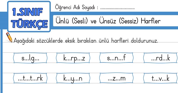 1. Sınıf Türkçe Ünlü(sesli) - Ünsüz(sessiz) Harfler Etkinliği