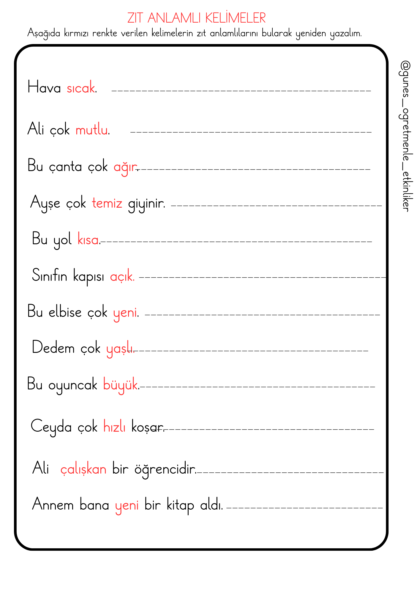 1. Sınıf Türkçe Zıt Anlamlı Kelimeler